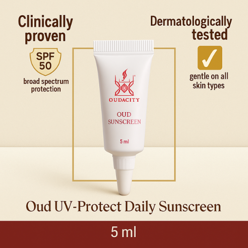 Oudacity® Oud UV-Protect Daily Sunscreen 5ml clinically proven SPF 50 broad spectrum protection, dermatologically tested for all skin types, with luxurious oud scent and invisible matte finish.