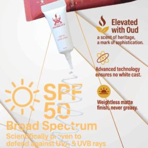 Oudacity® Oud UV-Protect Daily Sunscreen 5ml ! SPF 50 Broad Spectrum protection, elevated with oud for a scent of heritage and sophistication, advanced formula ensures no white cast and a weightless matte finish.