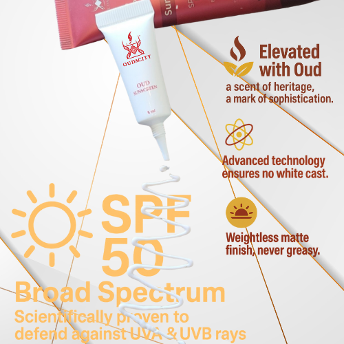 Oudacity® Oud UV-Protect Daily Sunscreen 5ml ! SPF 50 Broad Spectrum protection, elevated with oud for a scent of heritage and sophistication, advanced formula ensures no white cast and a weightless matte finish.