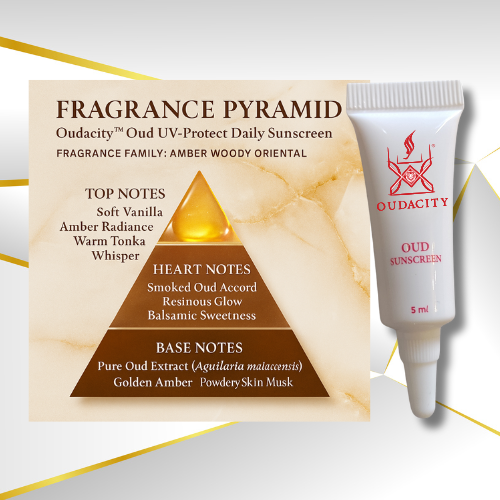 Oudacity® Oud UV-Protect Daily Sunscreen 5ml ! Amber Woody Oriental fragrance with soft vanilla, smoked oud accord, golden amber, and pure oud extract (Aquilaria malaccensis).